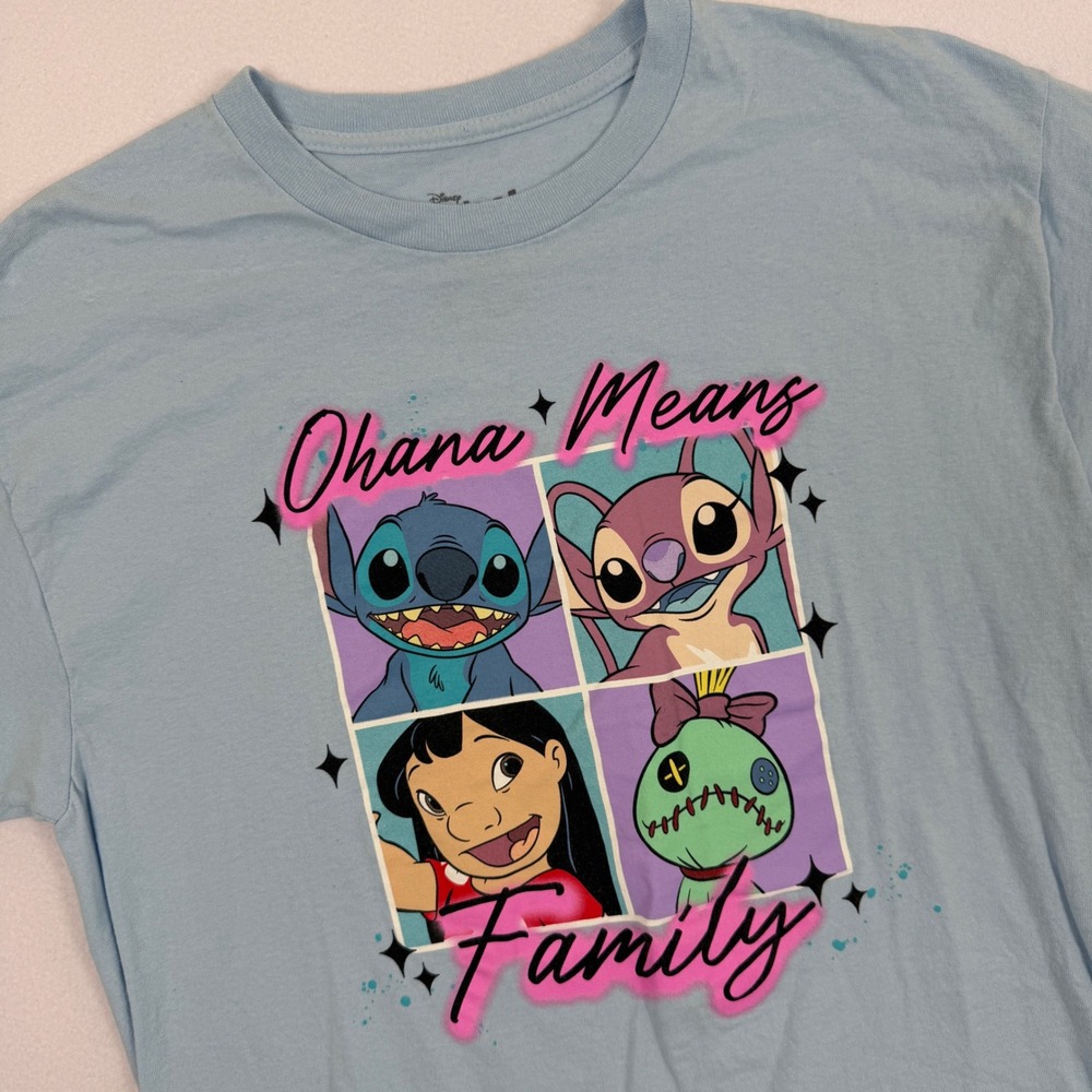 Disney Stitch Ohana Means Family Light Blue Graphic T-Shirt Lilo & Stitch Large